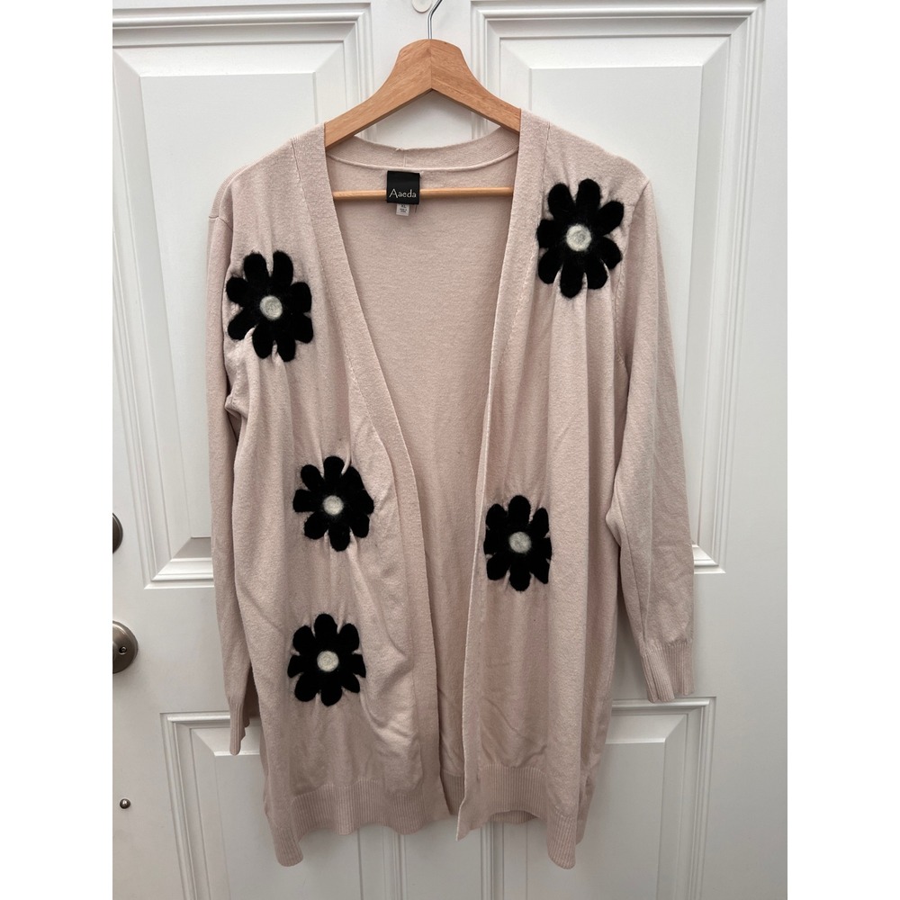 Aaeda Women Pink Open Front Cardigan Black Floral Applique Longline Sweater XL